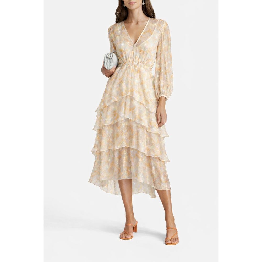 Maje Rufflino Silk Maxi Dress 6 Small EU 38 Yellow Beige Metallic Tiered Ruffle